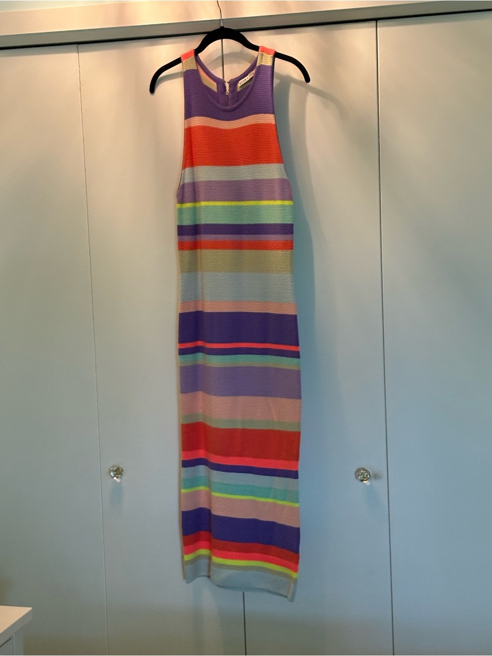 Alice + Olivia Multicolor Ribbed Stripe Midi Dress — Purple, Red, Pink, Green